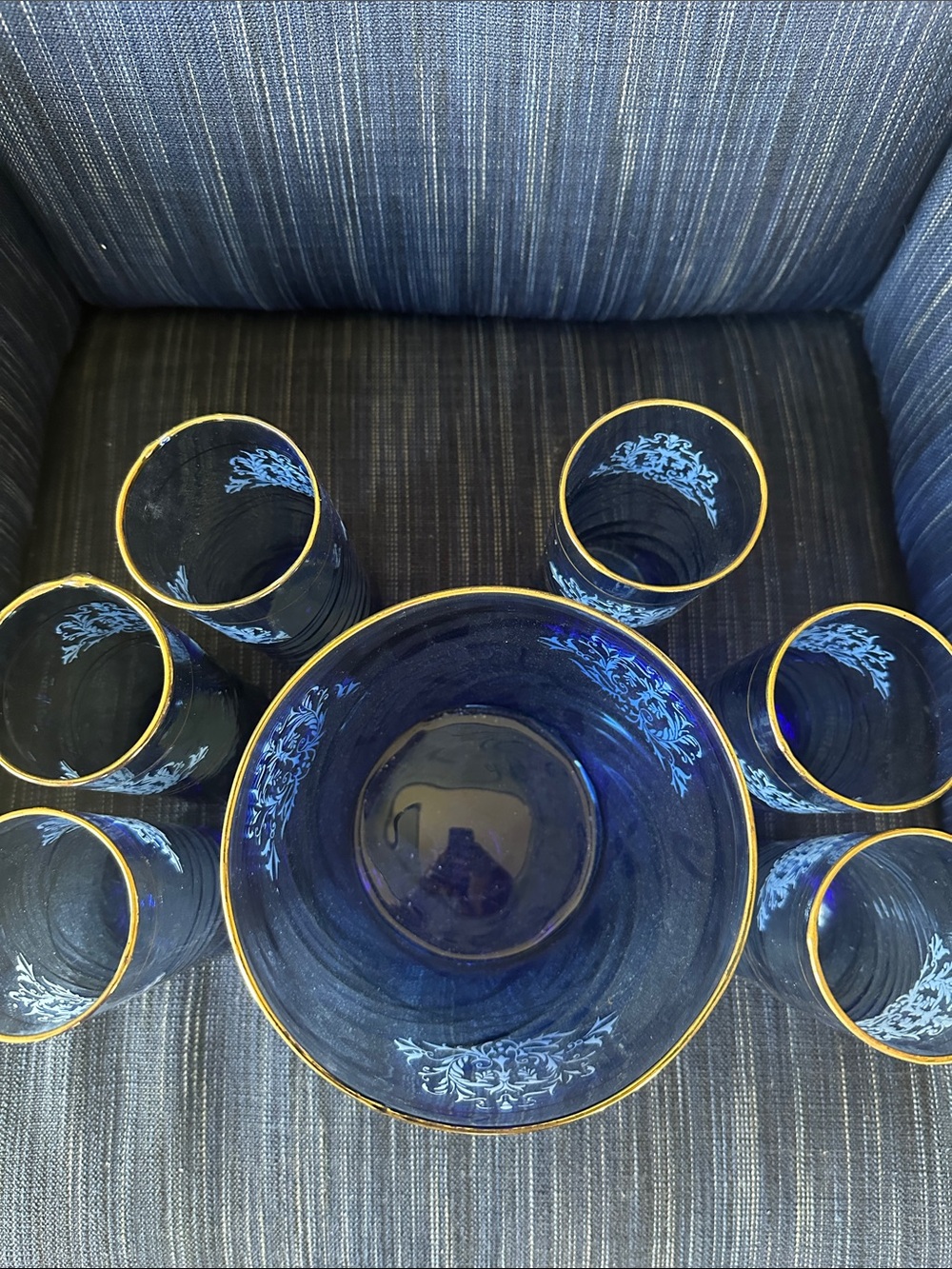 Set of 6 blown glass pontil cobalt blue gilt edge highball glasses and ice bowl - Picture 4 of 8